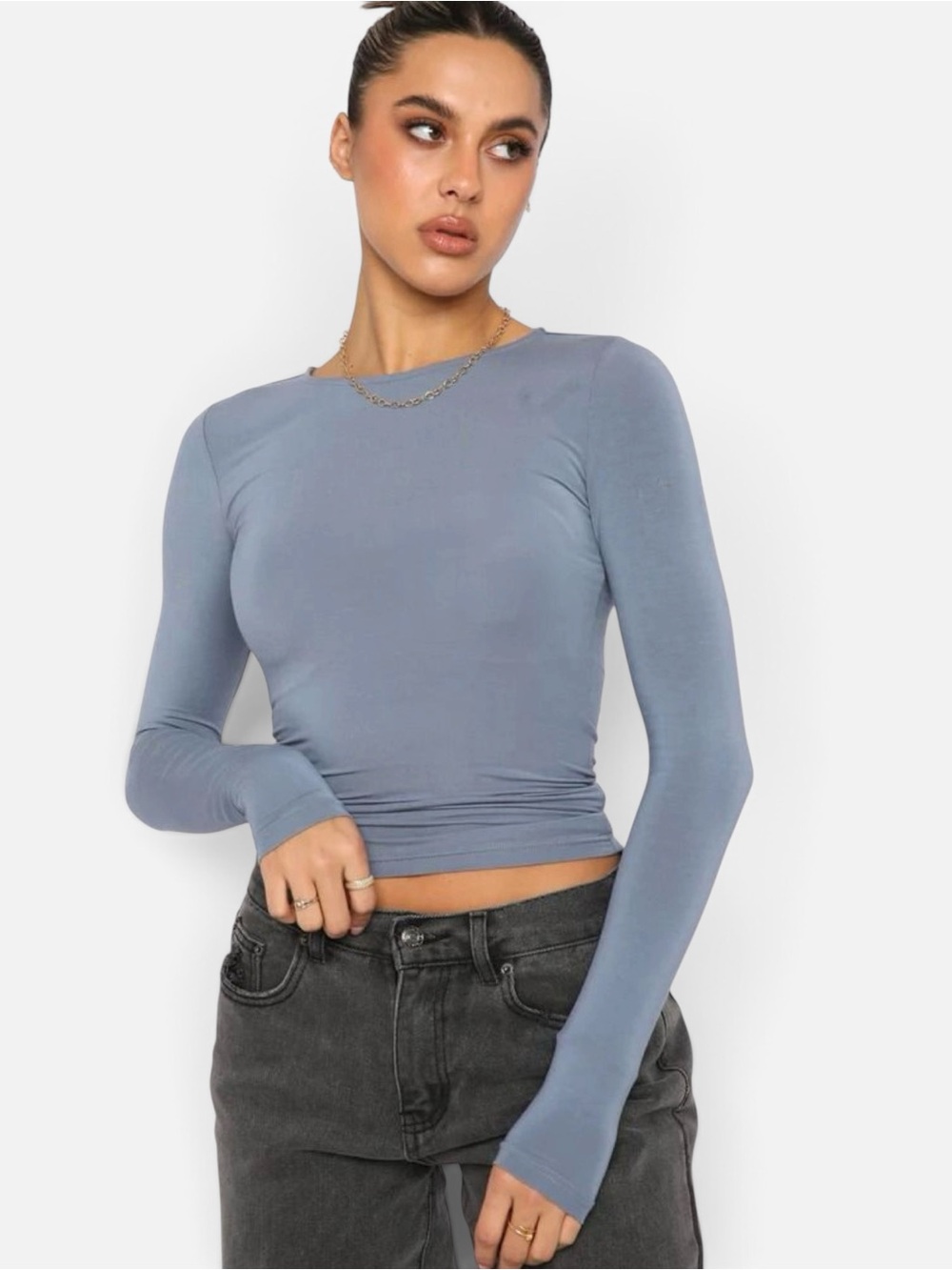 White Fox Boutique The Only For Tonight Fitted Knit tee Steel Blue Gray Medium